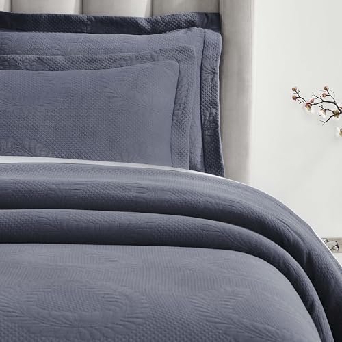 Superior 3 Piece Cotton Bedspread Set, Home Bed Decor, Decorative Bed Spread, 2 Pillow Shams, Medium Weight Blanket, Matelasse Coverlet, Bedding Essentials, Peploi Collection, King, Denim Blue