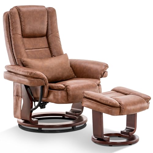 MCombo Swivel Recliner with Ottoman Chair, TV Chair Sets with Vibration Massage, for Small Space Living Room Bedroom 9096 9099 (Faux Leather, Saddle)