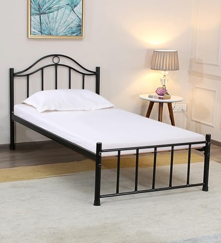 Image of Globally Indian Single Size Metal Bed Frame with Plyboard Support | Heavy Duty Wrought Iron Bed | Noiseless Strong Structure | Under-Bed Storage Space | Easy DIY Assembly Bedroom Furniture (Black)