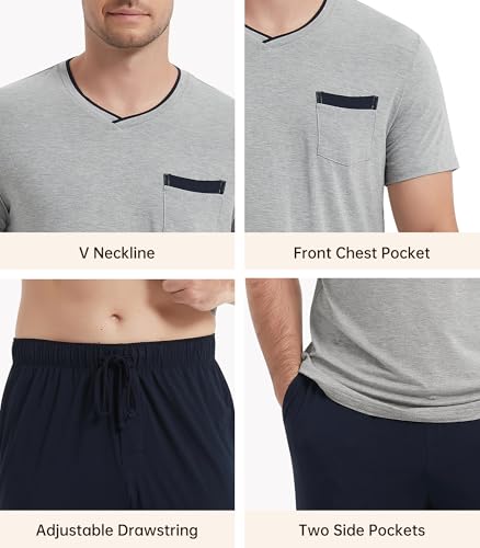 Image of NACHILA Men's Pajamas Set-Viscose Made from Bamboo, Short Sleeve Sleepwear Soft Pjs with Shorts V Neck Loungewear Sets
