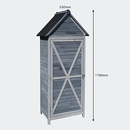 Wiltec Gartenschrank aus Holz grau 77x53x179cm mit Tür, Satteldach und Bitumenisolierung Gerätehaus Werkzeughaus Geräteschrank Werkzeugschrank Geräteschuppen