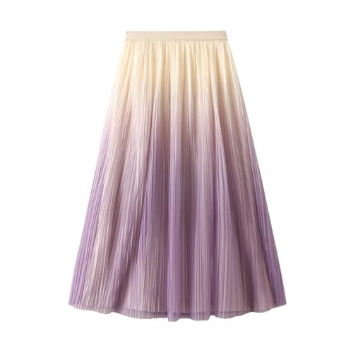 Women's Ombre Pleated Midi Skirt Elegant Gradient Tulle Skirts Elastic High Waist Flowy Skirt Summer Casual Skirts