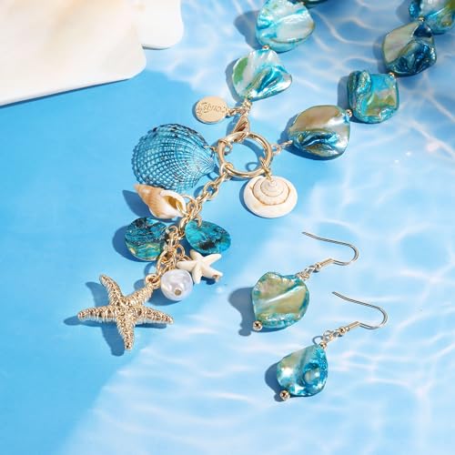 Image of Coiris Natural Seashell Choker Necklaces Earrings Jewelry Set for Women Starfish Shell Freshwater Pearl Collar Necklaces for Women Irregular Mother of Pearl Jewelry Set