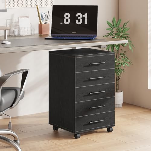 Image of HOOBRO 5-Drawer File Cabinet, Office Cabinet with Drawers, Wooden Storage Cabinet with Wheels for Makeup, Home Office, Study, Easy Assembly, Black BK05WJ01