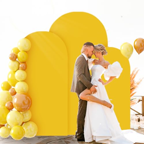 Image of FOTSHARER Gold Wedding Arch Cover Set of 3 Arch Cover Backdrop Fabric 4FT 5FT 6FT Spandex Round Top Arch Covers for Bolloon Arch Stand Covers Frame Arch Backdrop Cover Set for Baby Shower Parties