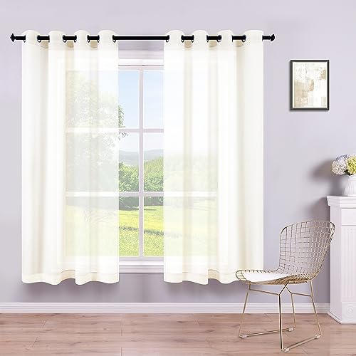 Ivory Sheer Curtains 52x45, Set of 2, Linen Look, Grommet