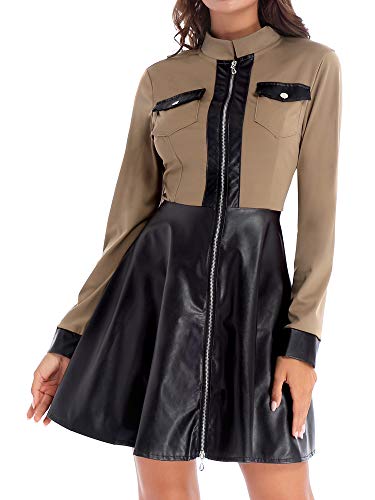 iiniim Women's Ladies Faux Leather Patchwork Long Sleeve Party Swing Work Midi Dress with Pockets