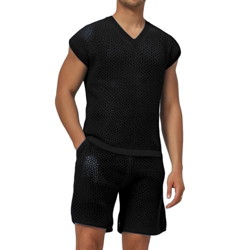 Munweiyu Conjunto de pijama transparente para hombre, de malla, corto, sexy, con botones, manga corta, camisa, calzoncillos, ropa de verano, ropa de ocio, calados, traje de deporte, traje de casa, S1