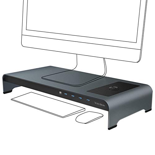 Aluminum Monitor Stand Riser with Wireless Charging and 4 USB Ports Support Data Transfer and Charging, Keyboard and Mouse Storage Desk Organizer up to 32 inch for Computer and laptops (Gray)