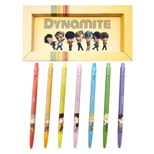 TinyTAN BTS Merchandise Official Licensed Kpop Merch Character Ballpoint Pen, 0.5mm, (1 Pack of 7 Pens) (Dynamite Ver.)