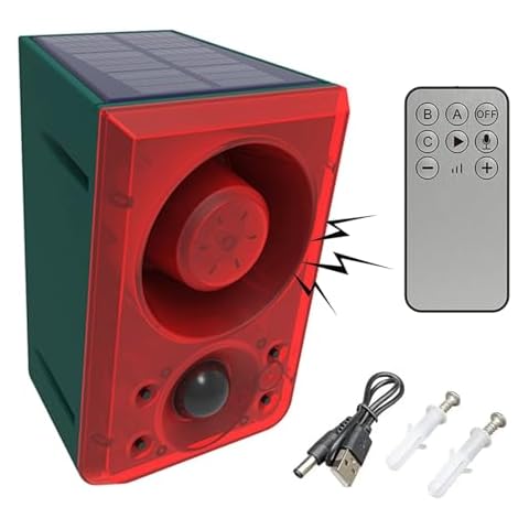 LAFEINA Solar Sound & Strobe Light Alarm Motion Detector, Gunshot & Dog Barking & Recording, Record 20S Custom Message Siren Security Alert System for Farm Barn Villa (2) Cover