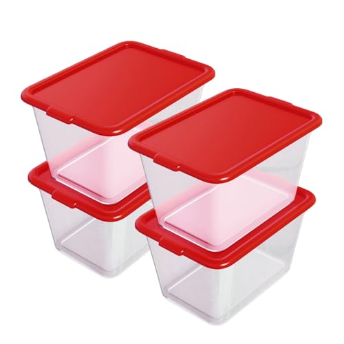 Image of SIMPLYKLEEN Storage Totes with Lids - Made in USA 14.5-Gallon (58-Quart) 4-Pack Clear Plastic Red Storage Bins Storage Containers Large Storage Boxes Organizer for Home, Office, and Garage Clear /Red