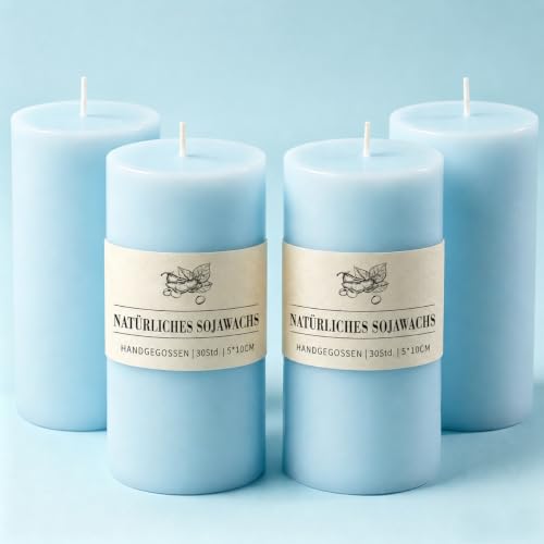 Ugbem 4er-Pack duftlose Säulenkerzen 5x10 cm kleine blaue Sojawachskerzen ungiftig & rauchfrei mit Baumwolldocht für Wohndekoration Kirche und Hochzeiten