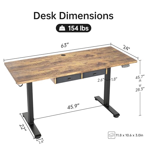 Image of Agilestic Standing Desk with 2 Drawers, Adjustable Height Electric Desk with Storage, 63 x 24 Inches Sit Stand Up Computer Table for Work Office Home, Rustic Brown