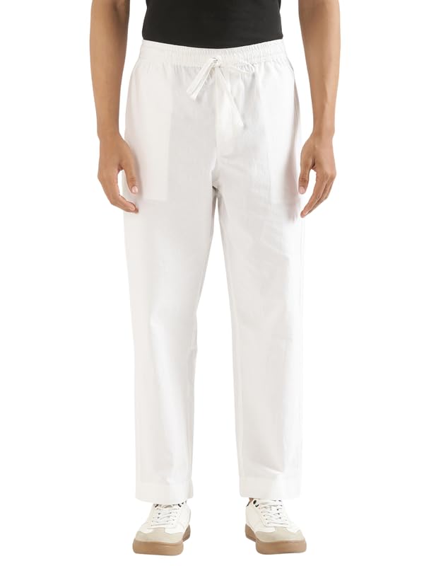 Image of SAADAA Men's 100% Cotton Pants | Mid-Rise Straight Fit Casual Trousers with Elastic Waistband and 3 Pockets | Everyday Wear