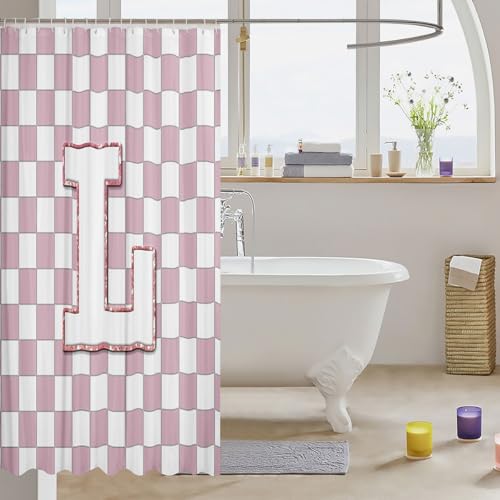 Image of Erosebridal Pink Initial L Shower Curtain 72 inch Wx72 L Kawaii Plaid Checkered Bathroom Curtain Cute Personalized Monogram Bathroom Accessories for Kids Girls,Fashion Grids Gingham Shower Decor