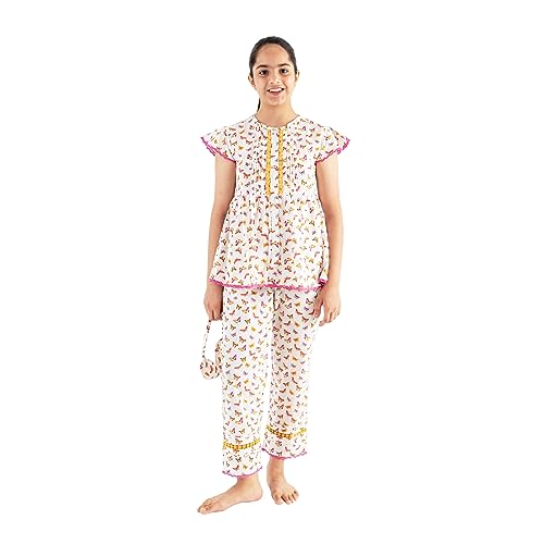 Image of Tweeny Mini Girls Kids Pure Cotton Nightsuit | Nightwear | Sleepwear | Nightdress with Pajama and Halfsleeve Top Cute Butterfly Printed with Eye Mask