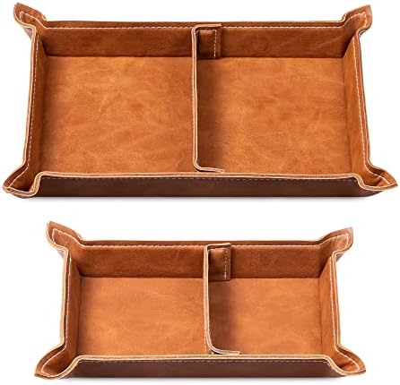 Navaris Faux Leather Tray Set - 2 Valet Organiser Trays for Bedside Table Desk with Dividers- Store Keys, Change, Wallet, Phone, Glasses - Brown