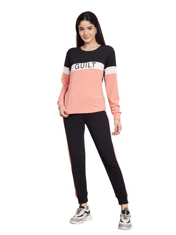 Peach Polyester Lycra Blend Guilt Letter Print Taped Tracksuit | Co-ord Set For Women| Active Wear Suit Set For Women| Track Suit Set For Women (TSSET1027, 2XL)-image-34