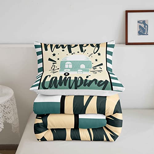 Camper Comforter Kids Farmhouse Style Comforter Set For Boys Girls Cartoon Camping Bedding Set Camping Car Music Design Pattern Quilt Set Bedroom Collection 3Pcs Queen Size,Beige Yellow Green #TOP4