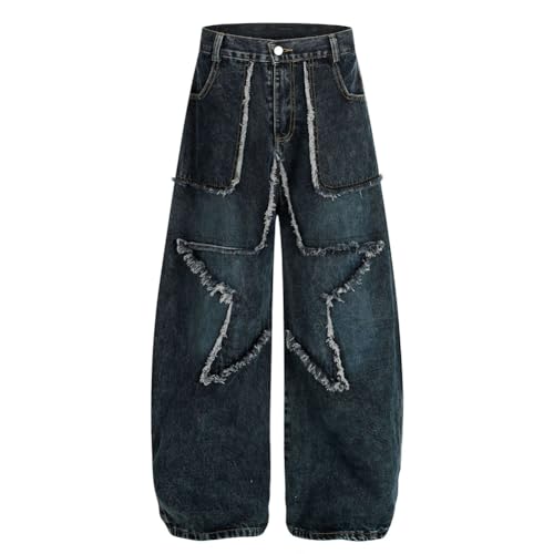 Vintage Streetwear Jeans Men Star Patchwork Denim Pants Male