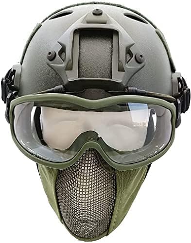 Tactical Quick Helmet And Ear Protection Folding Double Straps Half Mask And Mesh Goggles, Used For Hunting Shooting Airsoft Paintball, OD 42X16cm