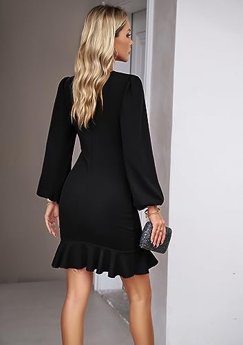 Women Formal Elegant Mini Dress Long Lantern Sleeve Ruffle Hem Ruched Party Cocktail Wedding Guest Work Dresses3