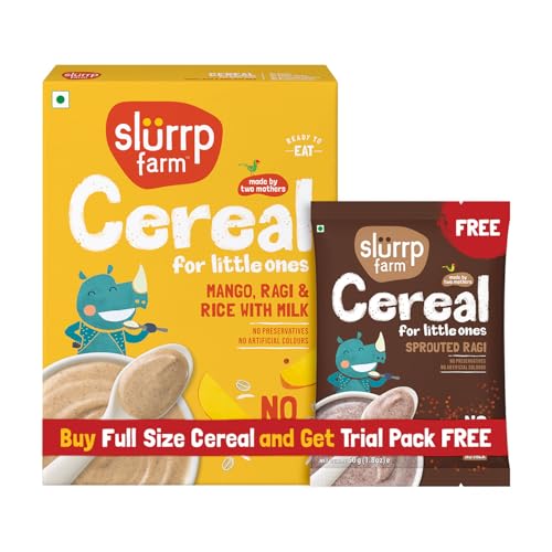Image of Slurrp Farm No Added Sugar Instant Cereal | Ragi, Rice and Mango with Milk | Free Sprouted Ragi Cereal Trial Pack | 200g + Free 50g