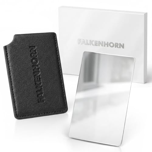 Falkenhorn Handspiegel klein inkl. Schutzhülle Taschenspiegel aus Edelstahl im Kreditkartenformat Kosmetikspiegel/Schminkspiegel für Handtasche & Reise 8 5 x 5 5 cm - Schwarz 1er