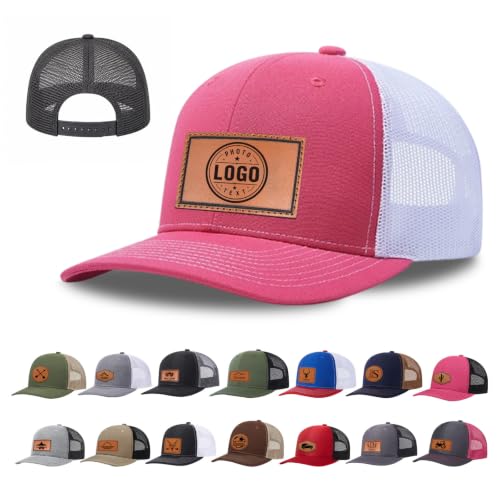Image of Custom Hats for Men and Women, Personalized Baseball Cap with Leather Patch | Design Your Own Hat with Logo, Photo or Text, Breathable Mesh Back, Adjustable Customized Trucker Hats for Adults