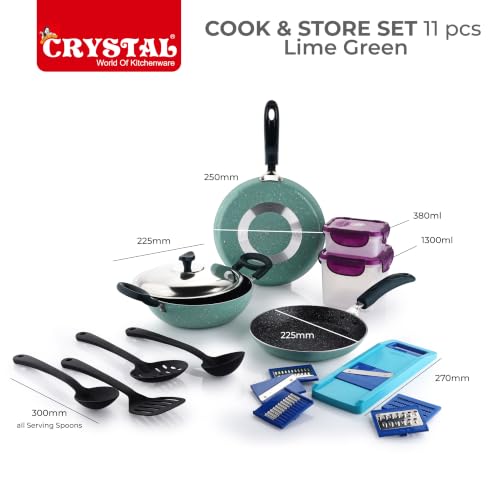 Image of Crystal 11 Pcs Non Stick Cookware Set with Storage Containers | Gas Stove Friendly | Tawa, Fry Pan, Kadhai with Lid, 4 Serving Spoons, 2 Containers & Grater Set | PFOA Free Coating