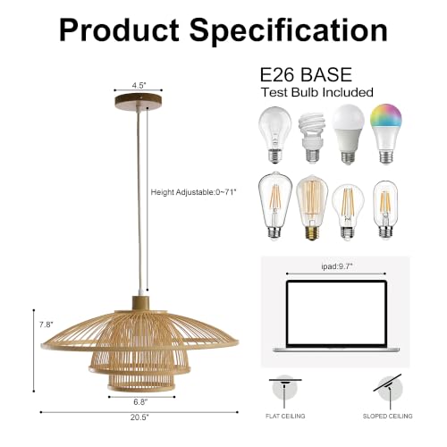 Image of Pendant Light, Bamboo Boho Hanging Light with Adjustable Height | For Kitchen Islands, Dining Rooms, Bedrooms, Entryways, 20'' Handwoven Lampshade, E26 Socket (Bulb Included)