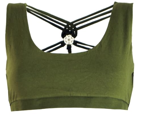 GURU SHOP Goa Psytrance Bikini Top, Boho Top, Pixi Yoga Top - Olivgrün, Damen, Size:M