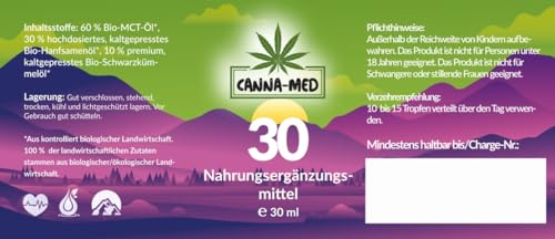 CANNA-MED - Premium Nr. 30 mit 30ML (750 Tropfen) extra starkes und hochdosiertes Hanfsamenöl - Vital Hanfsamenöl - 100% Natur - Hanftropfen mit Omega 3-6-9