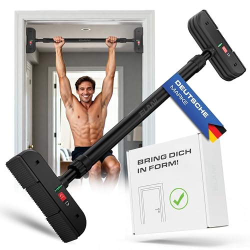 ELANI – sichere Klimmzugstange 72-92 cm bis 200 kg für Türrahmen ohne Bohren mit innovativer Gewindesperre – Pull Up Bar, Türreck Klimmzugstange Türrahmen, Klimmzug, Klimzugststange (Schwarz)