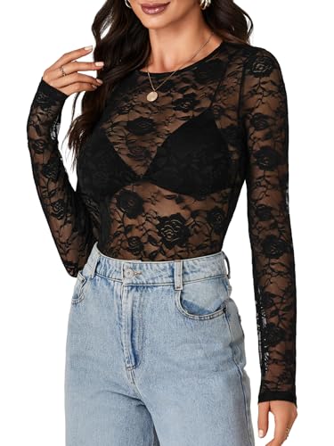 LYANER Women's Sexy Mesh Top Floral Long Sleeve See Through Shirt Lace Sheer Blouses2