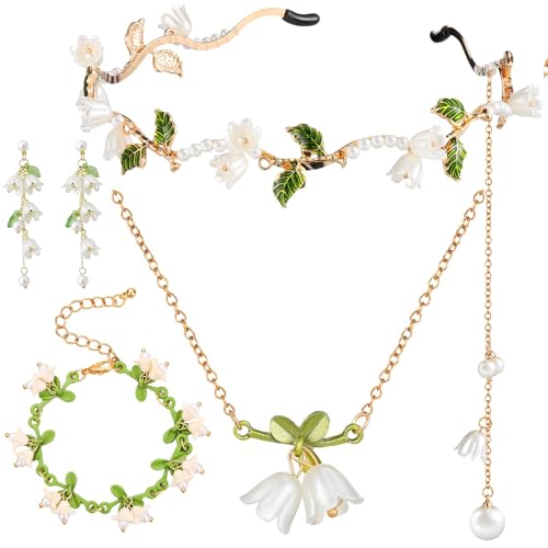 JDRGJTH 4 Pcs Lily of the Valley Fairy Flower Jewelry Set Lily of the Valley Necklace Bracelet Long Tassel Earrings and Headband Set for Women Bridal Wedding Jewelry Gifts