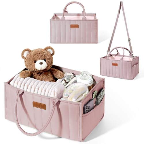 Zooawa Baby Diaper Caddy Organizer, Portable Nursery Storage Basket with Compartments, Handle & Shoulder Strap for Newborn Baby Essentials, Gift for Baby Shower, Nursery, Travel, Car, Pink