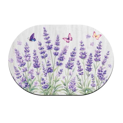 UNICRAFTALE Ovaler Teppichläufer Für Waschküche 40x60cm Dick Lavendel Schmetterlingsmuster rutschfeste Unterseite Schwamm Fußmatte Kieselgur Schlammmatte Wasserdicht Für Küche Bad Fußmatte