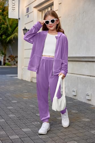 Image of Arshiner 2 Piece Outfits for Girls Kids Velour Tracksuit and Jogger Set | Size 5-14Y, Velvet Sweatsuit with Zipper for Fall /Winter, Suit for School, Workout, Jogging, or Casual Occasions
