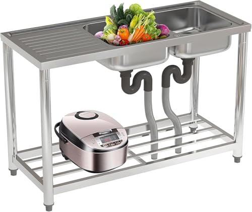 FIDOOVIVIA Commercial Restaurant Sink Stainless Steel Restaurant Kitchen with Storage Shelf, Double Bowl Catering Sink with Drain Free Standing Outdoor for Kitchen Bar 120x50x80cm(No Tap)