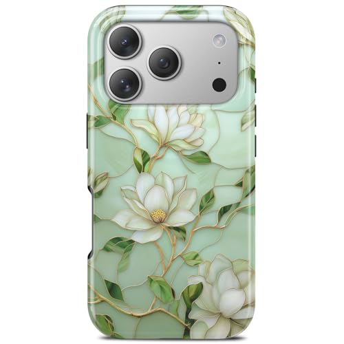 Magnolia Stained Glass Flower Phone Case for iPhone 17 Pro Max, Compatible with Magsafe, Trendy Elegant Green Floral Stained Glass Magnetic Slim Silicone Shockproof Protective Women Girl Cover Case by TAMUEL - Used condition - US$14.85