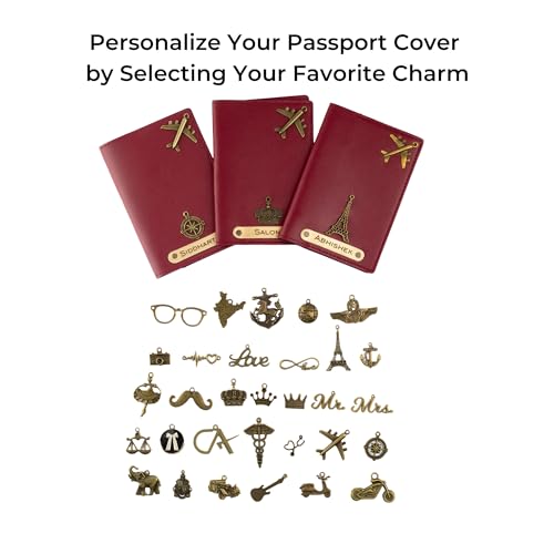 Image of AICA Personalised Name & Charm Leather Passport Cover Holder for Men & Women (Wine Color Passport Full Size) | Gifts for Women | Gift for Man | Return Gifts for Birthday | Passport Cover for Men(Wine)