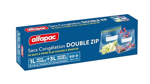 ALFAPAC – 30 bolsas de congelación doble cremallera (1 L + 3 L) – Lote de 15 bolsas de congelación 1 L y 15 bolsas de congelación 3 L – Fácil de llenar
