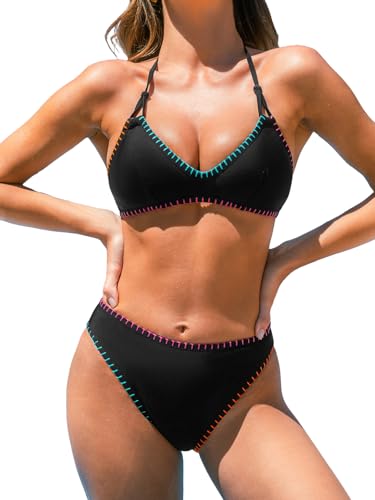 CUPSHE Women's Bikini Sets Two Piece Swimsuit V Neck Halter Stitching Back Hook Cutout Straps Mid Rise