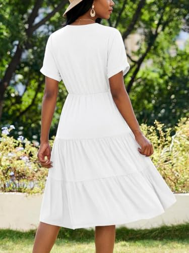 Image of PerZeal Women's Casual Tiered Midi Dress with Pockets - V Neck Short Sleeve Elastic Waist Ruffle Summer Dress for Daily Wear