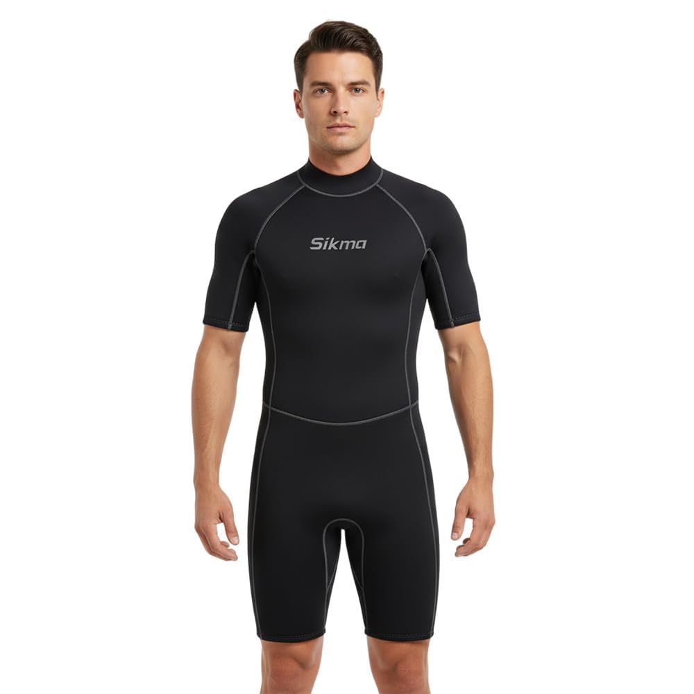 Sikma Men’s Wetsuit 3mm Neoprene Surfing Diving Suit Short Sleeves Back Zip Flexible and Comfortable Perfect for Swimming, Scuba Diving, Snorkeling (All Black, Large)