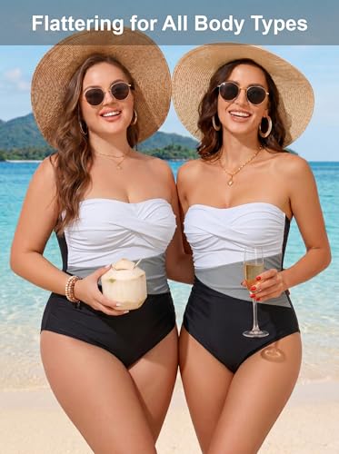 Image of Smismivo Tummy Control Swimwear Strapless One Piece Swimsuit Ruched Bathing Suits for Women Slimming Bandeau Tube Top Bikini