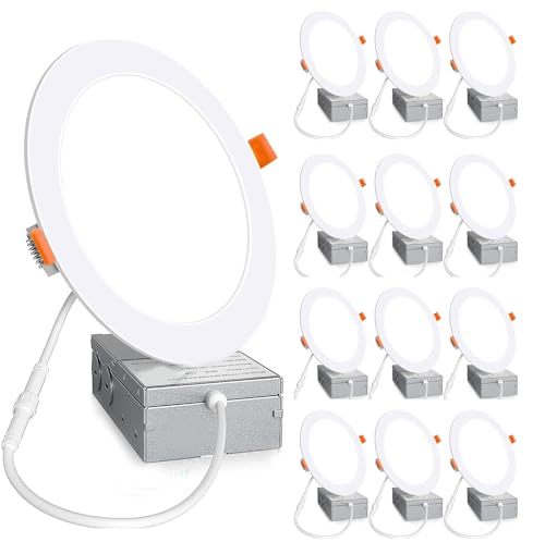 Aophatop 12 Pack 6 Inch 6000K Daylight Ultra-Thin LED Recessed Ceiling Light with Junction Box, 1080LM Brightness, LED Light Canless Wafer Downlight 12W 110W Eqv Can-Killer Downlight.
