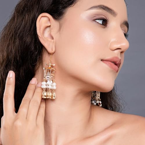 Handicraft Pagoda Pearl Tassel Dangle Earrings White - Image 7
